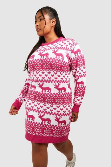 Plus Fairisle Christmas Sweater Dress hot pink