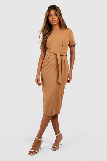 Crepe Pleat Front Belted Midi Dress camel