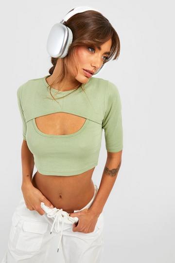 Basic Rib Boat Neck Cut Out Crop Top olive