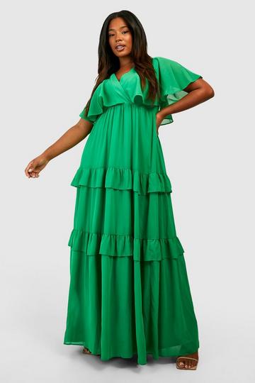 Green Plus Ruffle Angel Sleeve Maxi Dress