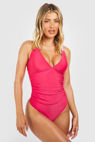 Tummy Control Ruched Plunge Swimsuit fuchsia
