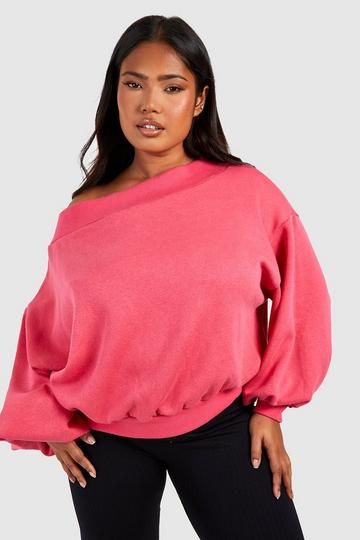 Pink Plus Slash Neck Balloon Sleeve Sweatshirt