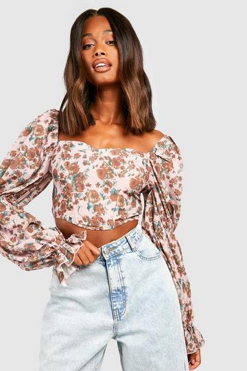 Pink Floral Rouche Sleeve Corset Top