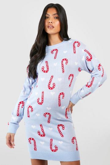 Maternity Candy Cane Christmas Sweater Dress pale blue