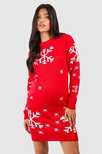 Red Maternity Snowflake Christmas Sweater Dress