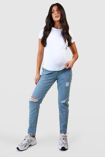 Maternity Over Bump Ripped Mom Jeans washed blue