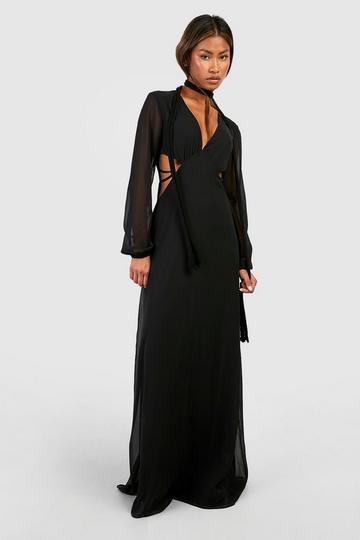 Black Plunge Cut Out Chiffon Maxi Dress
