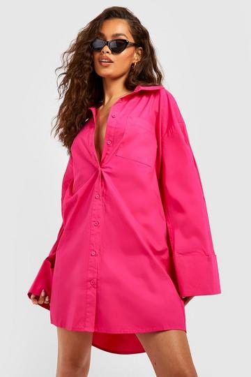 Puff Sleeve Oversized Shirt Dress hot pink