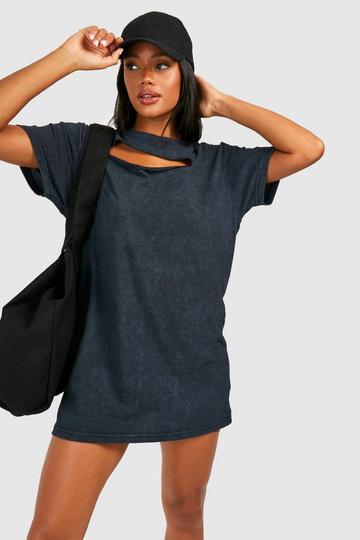 Black Acid Wash Cut Out Oversized T-shirt Dress