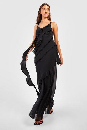 Black Chiffon Ruffle Trim Maxi Dress