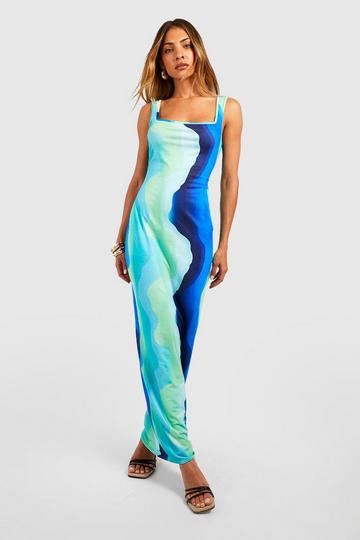 Blue Abstract Square Neck Maxi Dress