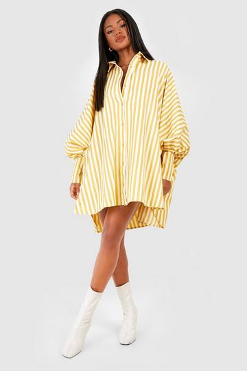Mustard Yellow Pinstripe Puff Sleeve Shirt Dress