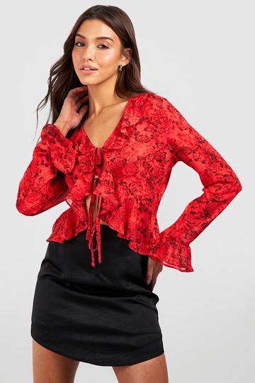 Rose Ruffle Tie Front Blouse red