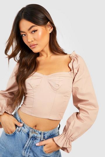 Woven Puff Long Sleeve Crop Top taupe