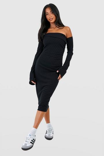 Black Petite Asymmetric Bardot Rib Midi Dress