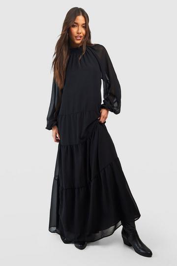 Black Chiffon Blouson Sleeve Smock Dress