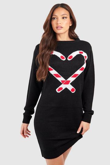 Black Tall Candy Cane Christmas Sweater Dress