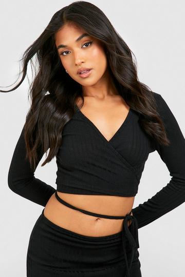 Black Petite Knitted Wrap Top