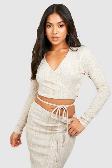 Petite Knitted Wrap Top cream