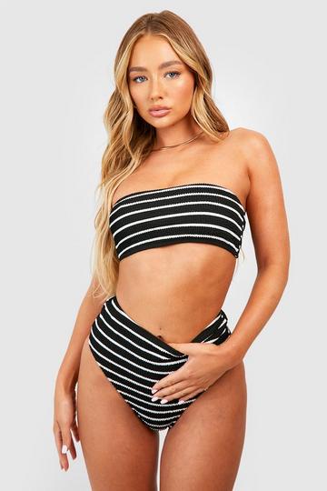 Black Stripe Crinkle Bandeau Bikini Top