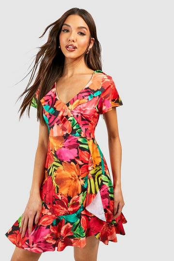 Black Floral Wrap Front Ruffle Tea Dress