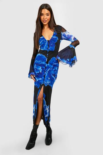 Floral Mesh Flare Sleeve Midaxi Dress blue