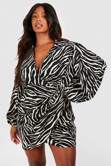 Black Plus Zebra Print Blouson Sleeve Wrap Dress