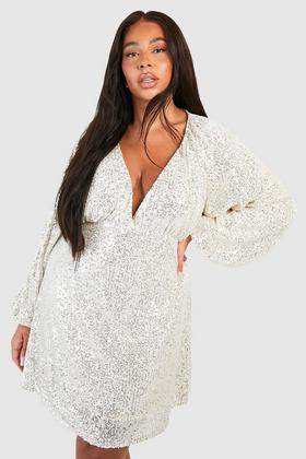 Plus Sequin Wrap Skater Dress