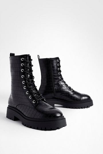 Wide Fit High Ankle Croc Chunky Lace Up Boots black