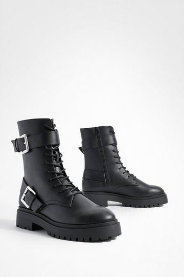 Wide Fit Buckle Chunky Lace Up Hiker Boots black