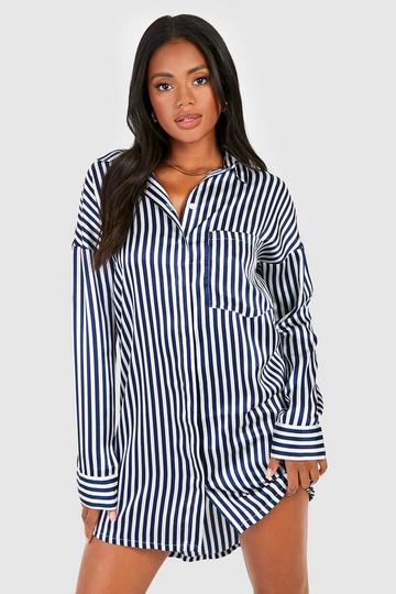Oversized Striped Satin Shirt Dresses navy
