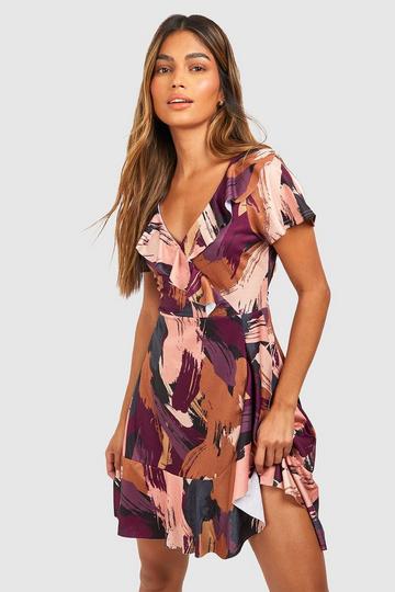 Abstract Ruffle Wrap Dress berry