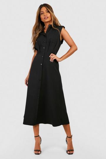 Black Shoulder Pad Pocket Detail Tailored Midi Shirt Dress