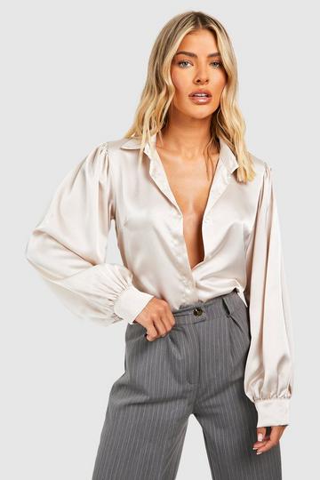 Cream White Satin Balloon Sleeve Relaxed Fit Shirt