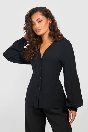 Hammered Puff Sleeve Fitted Blouse black