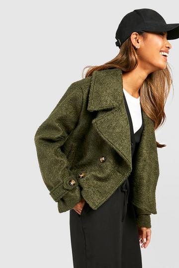 Textured Wool Look Crop Trench Coat khaki
