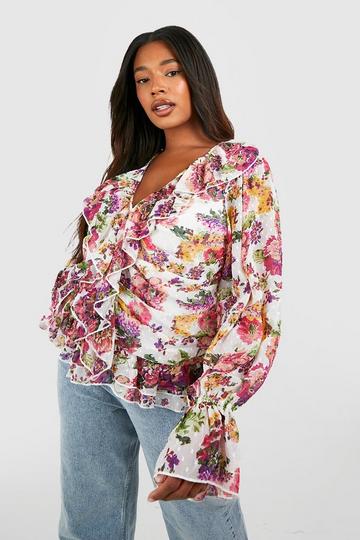 Plus Floral Ruffle Front Dobby Mesh Blouse ivory