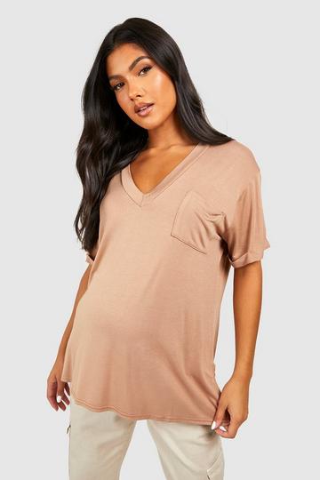 Maternity V Neck Slouchy Pocket T-shirt camel