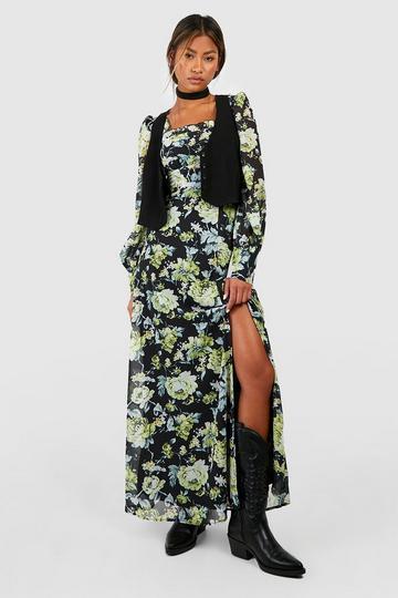 Black Floral Corset Detail Maxi Milkmaid Dress