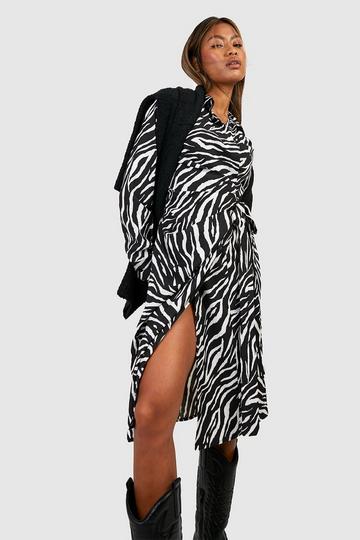 Zebra Printed Midi Wrap Shirt Dress black