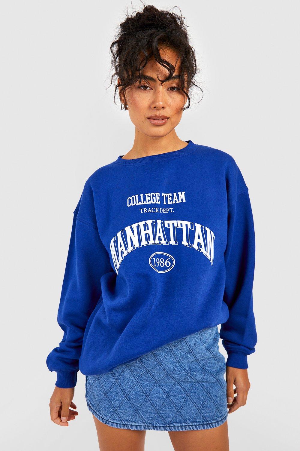 Women s Blue Back Print Drop Shoulder Oversized Sweater Boohoo UK