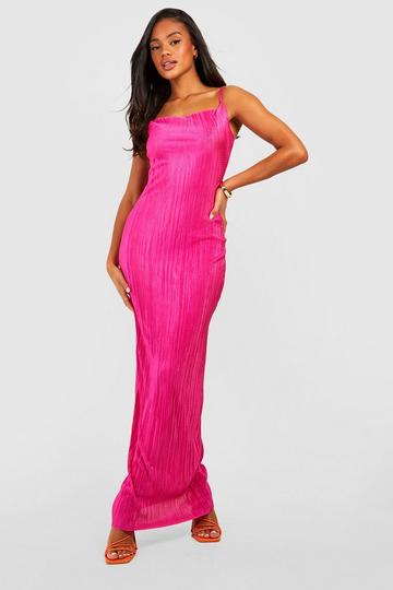 Fuchsia Pink Plisse Strappy Maxi Dress