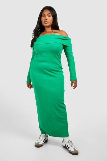 Plus Rib Basic Bardot Maxi Dress green