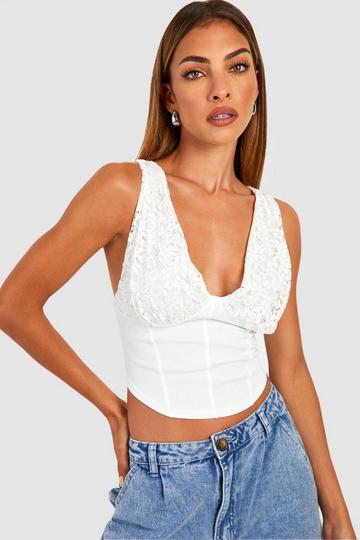 Lace Plunge Cupped Detail Top white