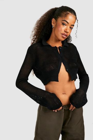Crochet Collar Detail Crop Cardigan black