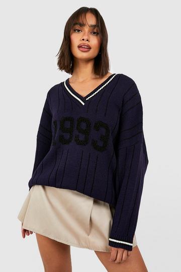 1993 Varsity Badge Oversized Cable Jumper navy