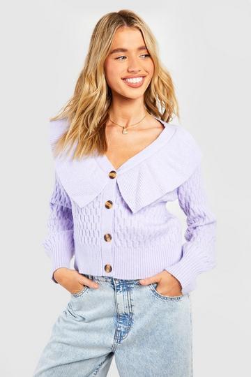 Lilac Purple Ruffle Collar Cable Knit Cardigan