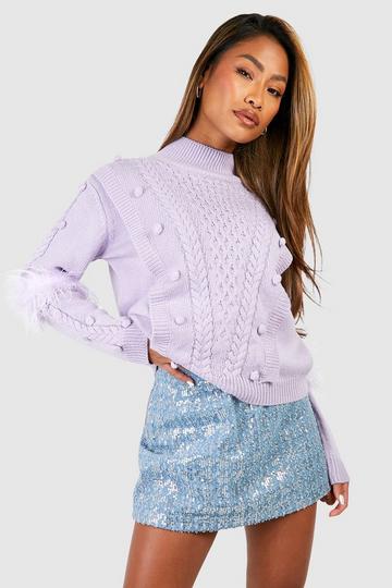 Lilac Purple Faux Fur Sleeve Cable Knit Sweater