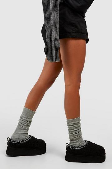 Borg Embroidered Detailing Platform Slip On Mules black