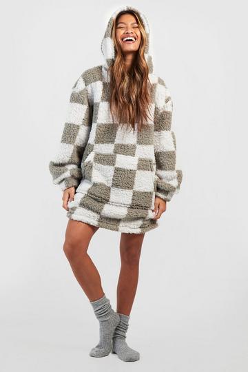 Premium Checkboard Fleece Oversized Blanket Hoodie grey